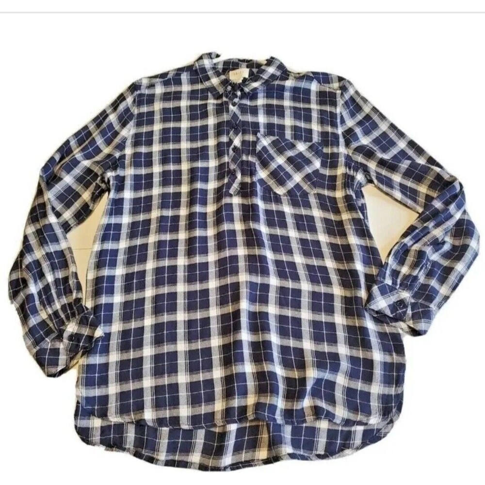 Women Small Tunic Henley Blue Plaid Roll Tab Sleeve Casual Pullover ID23